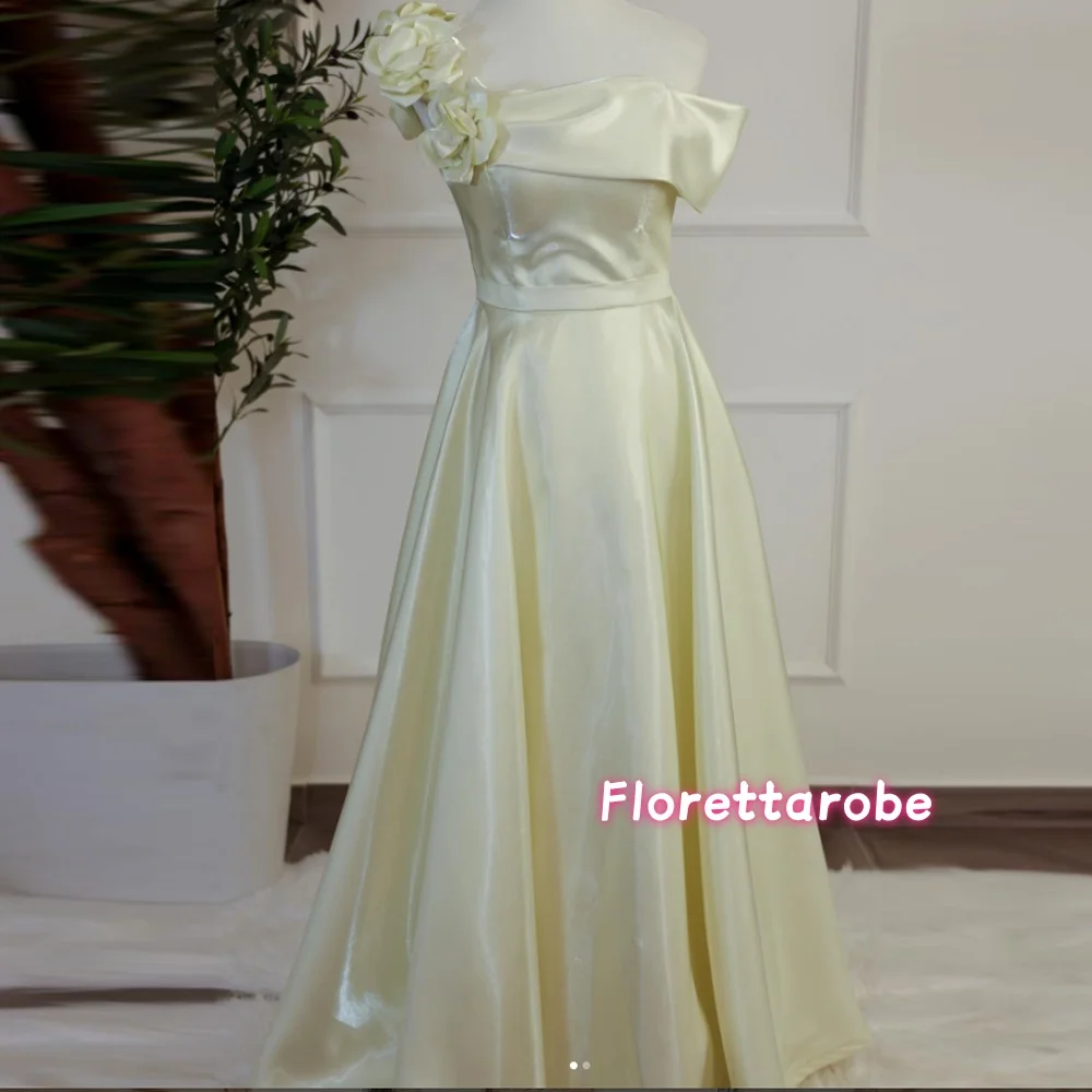

Customized Elegant Charmeuse Handmade Flower Evening Dress Pleat A-line Boat Neck Long Prom Dresses Fashion High quality