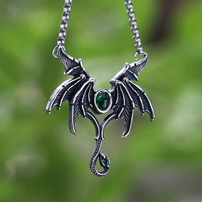 Vintage 316L Stainless Steel Angel Evil Wing Pendant Necklace With Green Stone For Man Women Retro Choker Jewelry Couple Gift