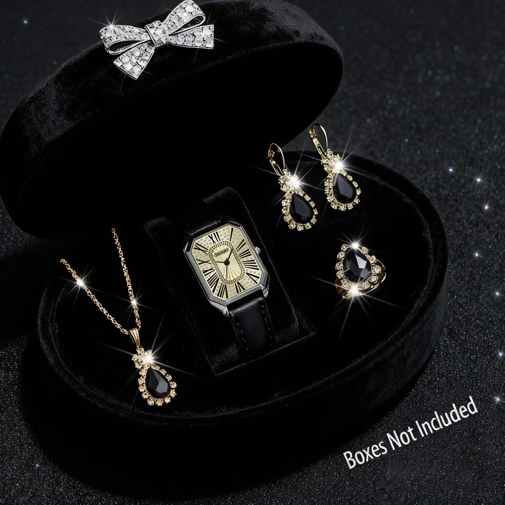 5-Piece Elegant Women's Watch Set, Fashion Quartz Watch + Luxury Rhinestone Jewelry Set, PU Leather Strap | Women's Watch