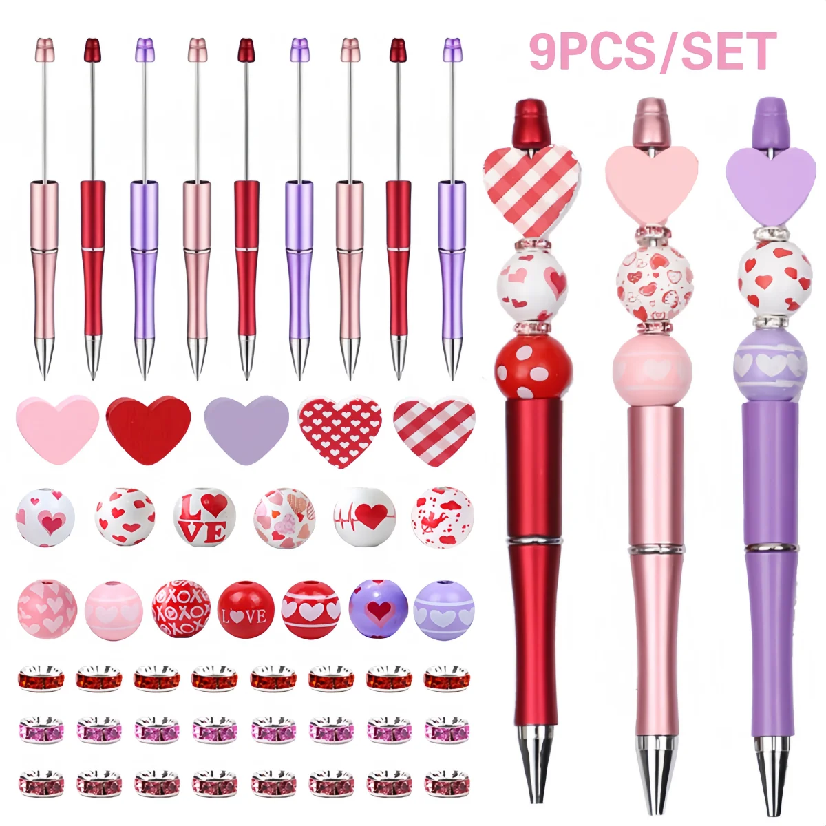 

Back To School Season 9PCS Valentine's Day Themed DIY Bead Pen Set, Paired With Multiple Heart-Shaped Wooden Beads