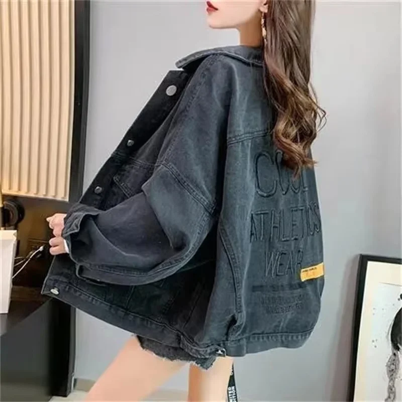 Jaket jins longgar wanita, jaket Denim lengan panjang warna polos, jaket jins bordir wanita, mantel koboi longgar Semua cocok, musim semi, musim gugur