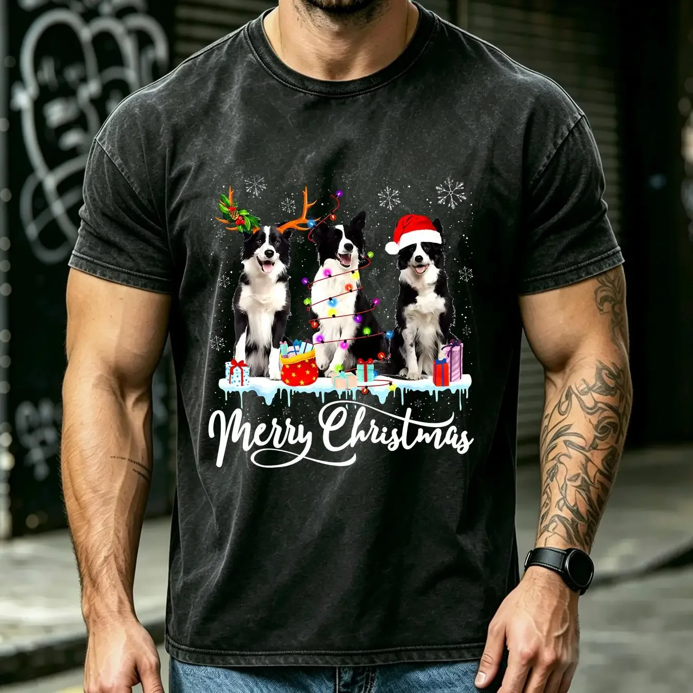 washed T Shirt Merry Christmas Border Collie Love Santa Reindeer Light Xmas Funny S 5XL vintage Washed graphic Casual Stretched
