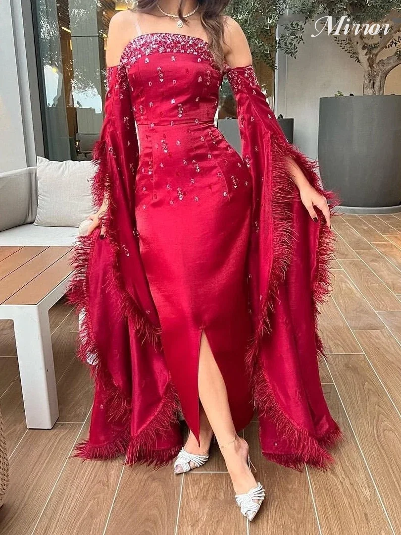 

Элегантное винтажное платье с зеркалом, с красными перьями, кристаллами, вышивкой из бисера, вырезом лодочкой, индивидуальное официальное платье для выпускного вечера, вечерние платья