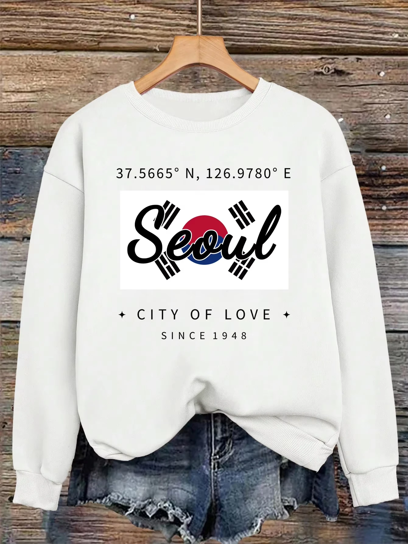 

Seoul City of Love Design Женская уличная одежда Y2K Удобный свитшот с круглым вырезом Свободные флисовые пуловеры Повседневная осенняя одежда