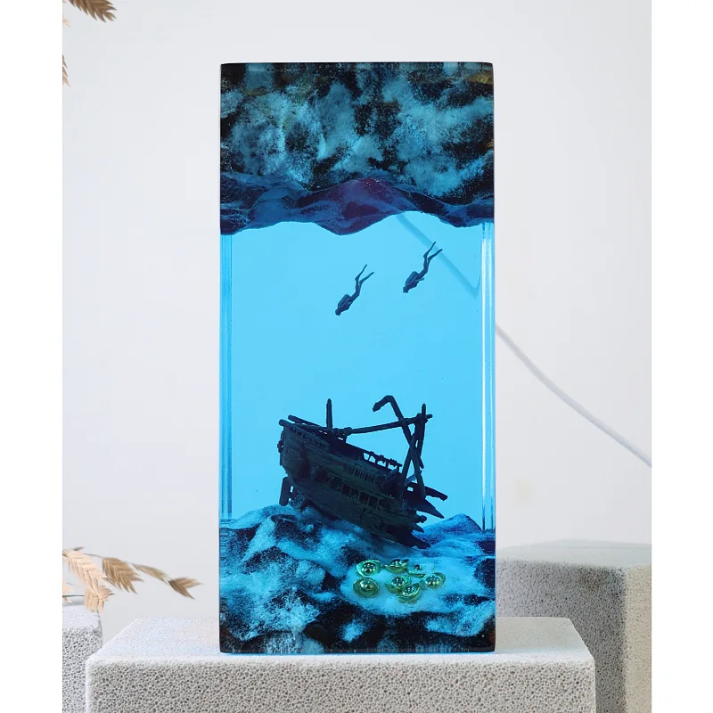 *Re Cave Sunken Ship Diver Desktop Ornament, Ocean Art Craft Solid Wood Resin Lamp, Creative Birthday Home Decoration~