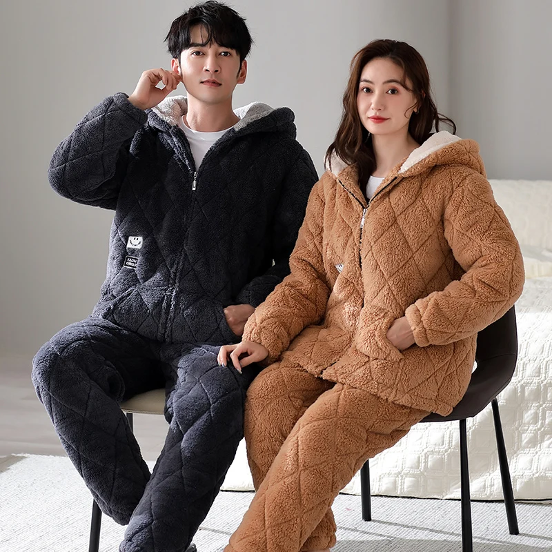 High Quality Winter Couple Pajamas Set Thick Warm 3 Layer Clip Cotton Pyjamas Lovers Home Clothing