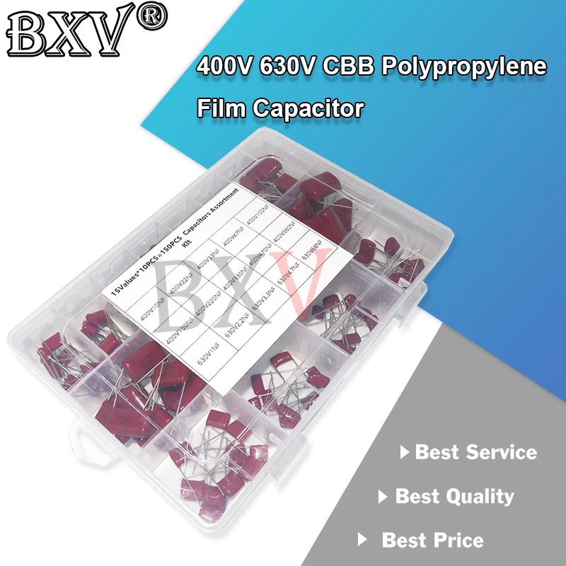 

150PCS/Set 630V 400V CBB Polypropylene Film Capacitor 0nf-68nf CBB Capacitors Assortment Kit 22NF 10NF 47NF 100NF 220NF 470NF
