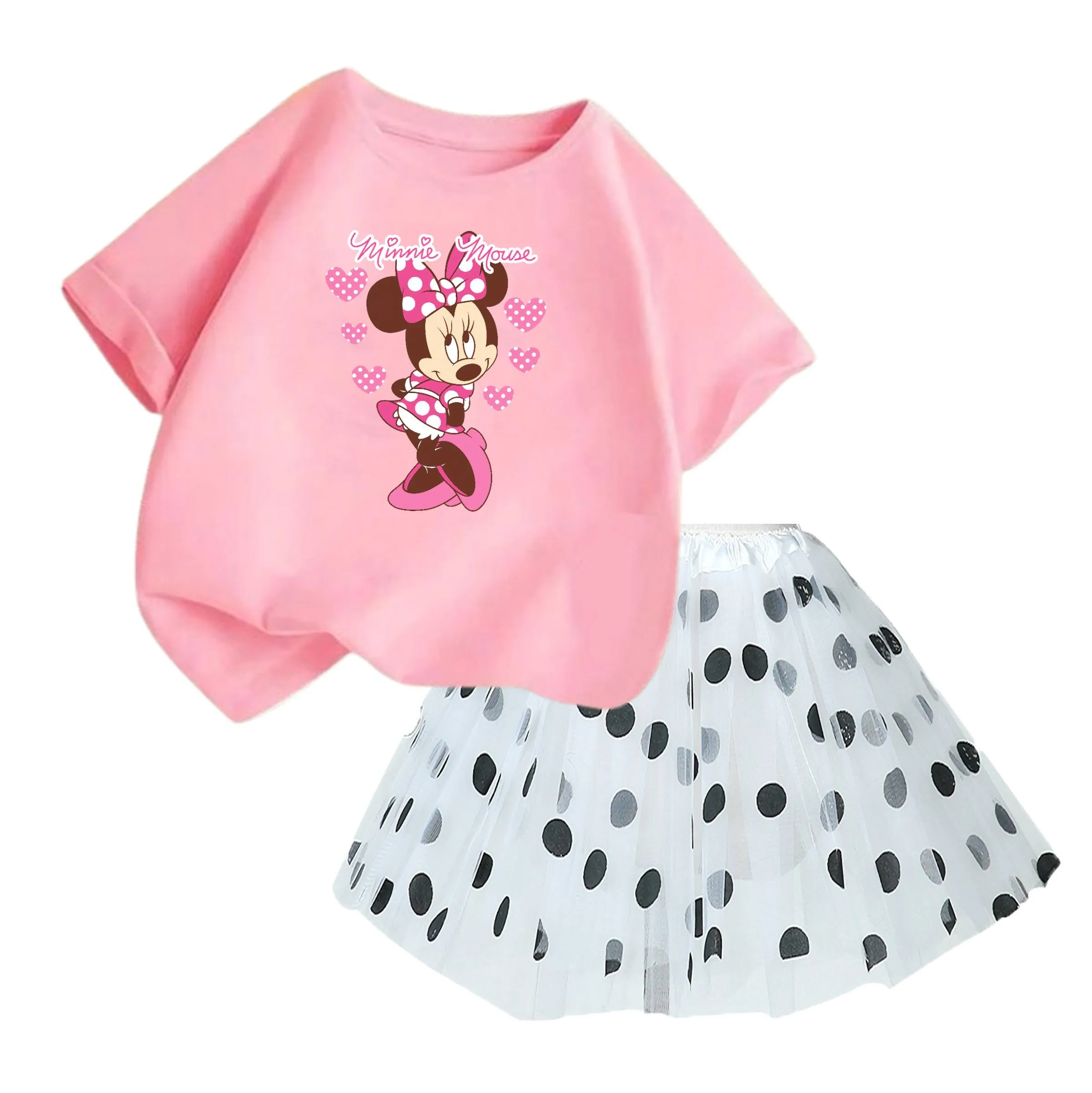 Summer Girls Disney Short Sleeve Top + Gauze Skirt Set Cartoon Cute Girls Princess Skirt Set Casual Set Girls Pompadour Skirt