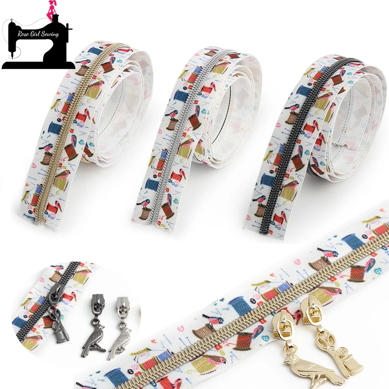 10-50-100Yards 5# Nylon Printed Bird Tailor Coil Multicolor Zipper Tape With Sliders For Sewing Bags Garment Gift Accessories