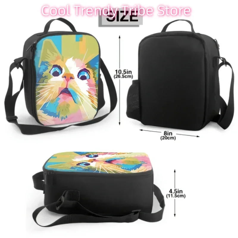 Funny Cat On Pop Art Style Insulated Lunch Bag for School Work Picnic Abstract Painting Tote Lunch Container Reusable Cooler Bag