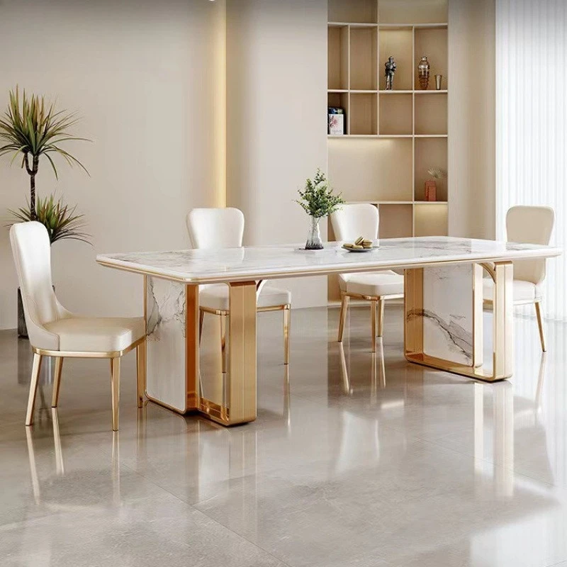 Small apartment rectangular marble household dining table glossy rock slab dining table and chair combination