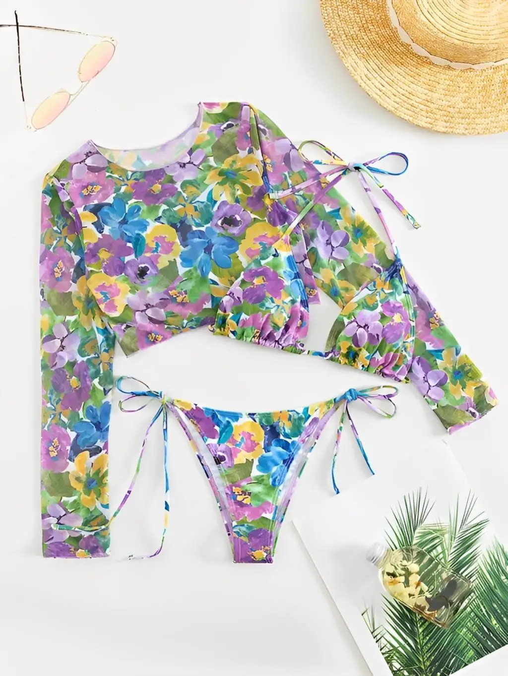 Maillot de bain 3 pièces à fleurs, triangle, col licou, sexy, avec couverture, pour femmes, vêtements de plage, d'été, 2024