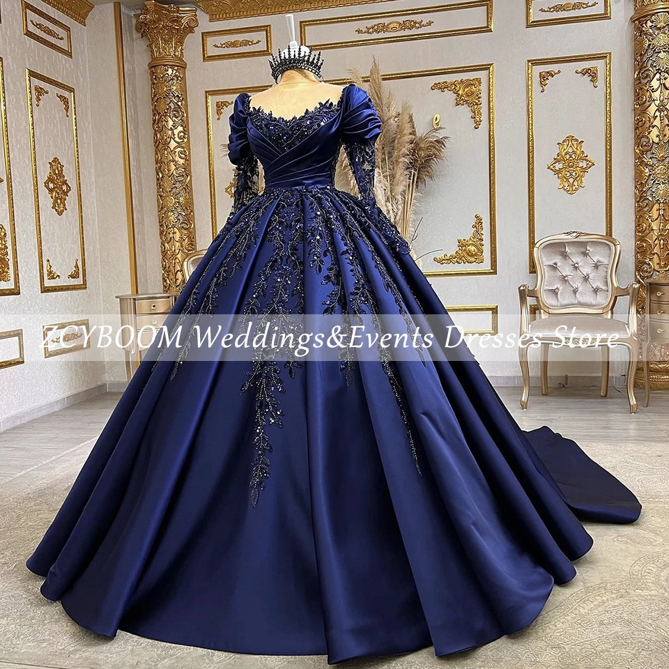 Customized Elegant Navy Blue Sequin Appliques Long Sleeves Quinceanera Evening Dress 2024 Ball Gown Princess Prom Dress