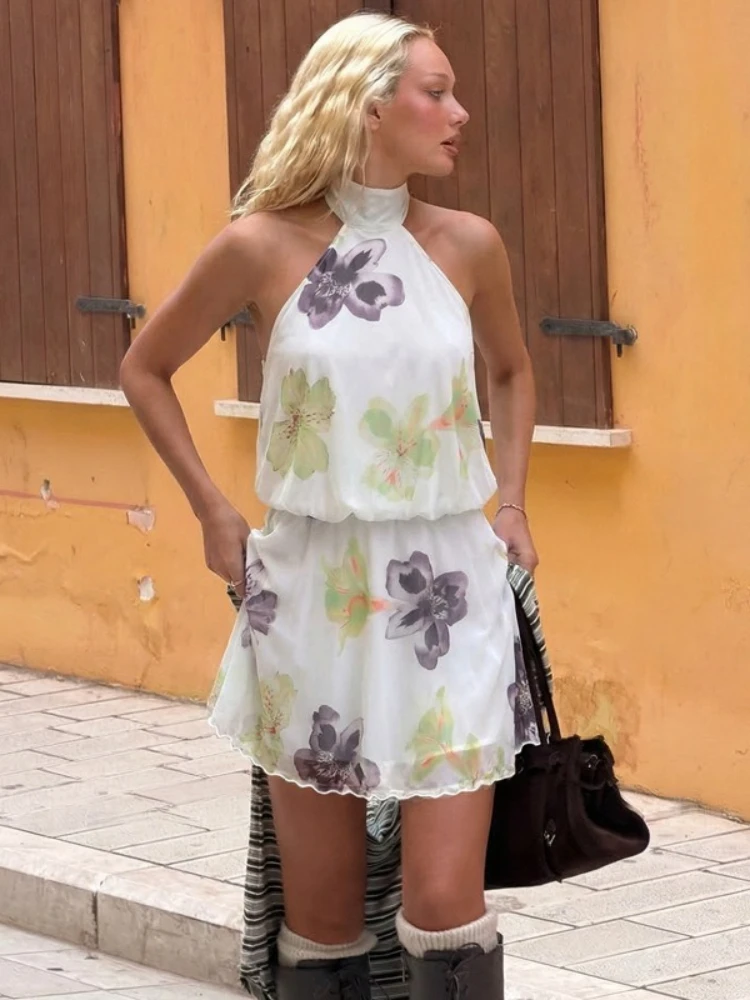 Damenkleidung Neckholder Bandage Rückenfreies Kurzes Kleid Streetwear Schick Schulterfreies Blumenprint Tunika Weißes Urlaubs-Partykleid