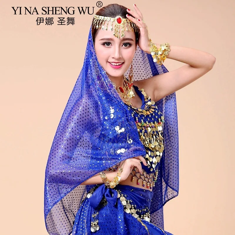 Lenço de dança do ventre feminino, moedas de ouro, véu de ponto brilhante, lenço de cabeça para dança do ventre, acessórios de dança, trajes indianos, 6 cores