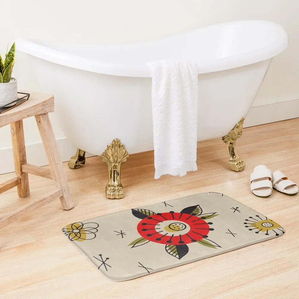 

Red Mid Century Modern Flower Bath Mat Bathroom Absorbent Quick Dry Rugs Baths Carpet Living Room External Entrance Doormat Mat