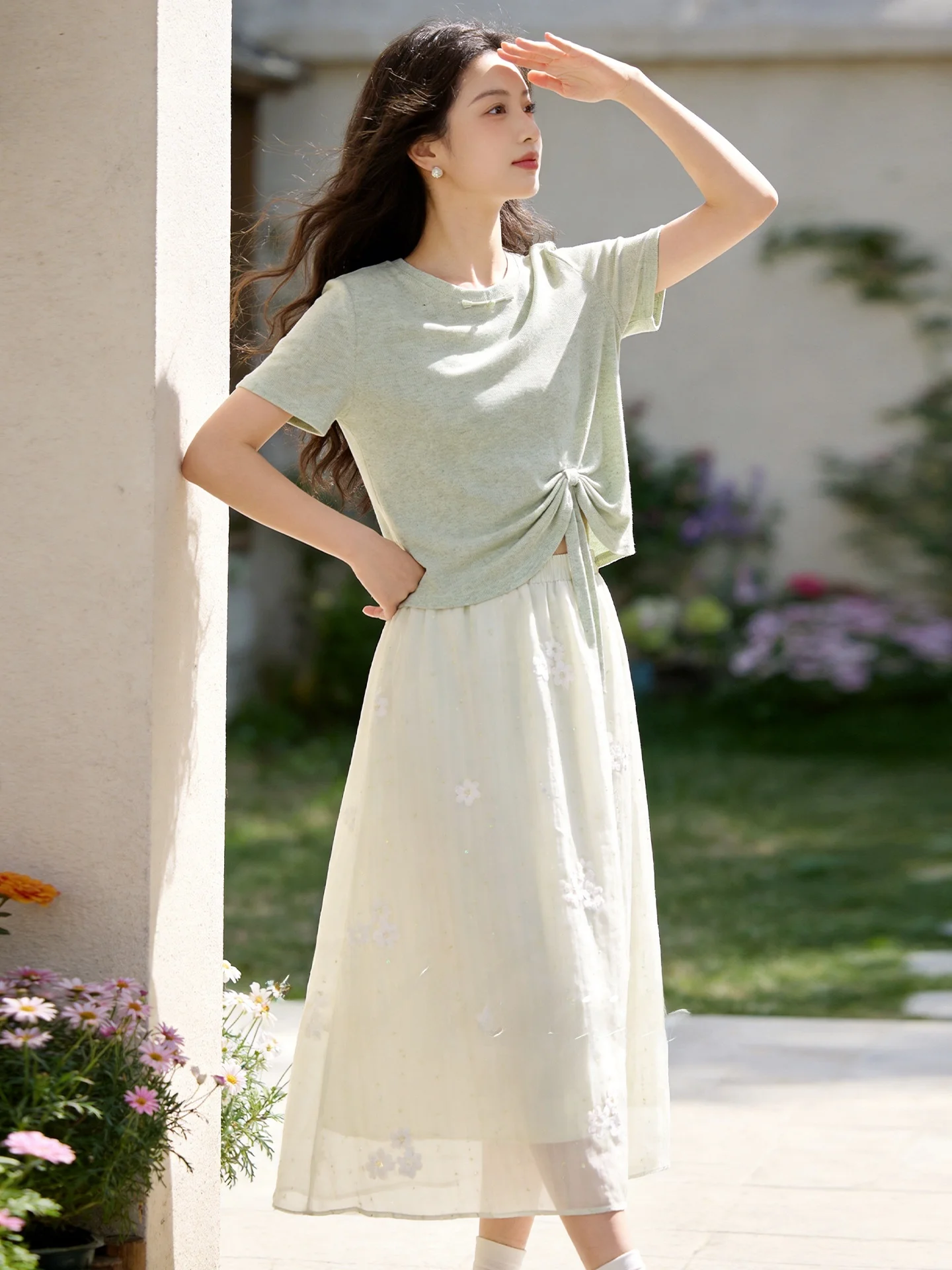 

plus Size Women's Outfit Short Sleeve Belted Slimming Top Half-length Skirt Spring 2026 Casual High Waist A-line Polyester Fiber