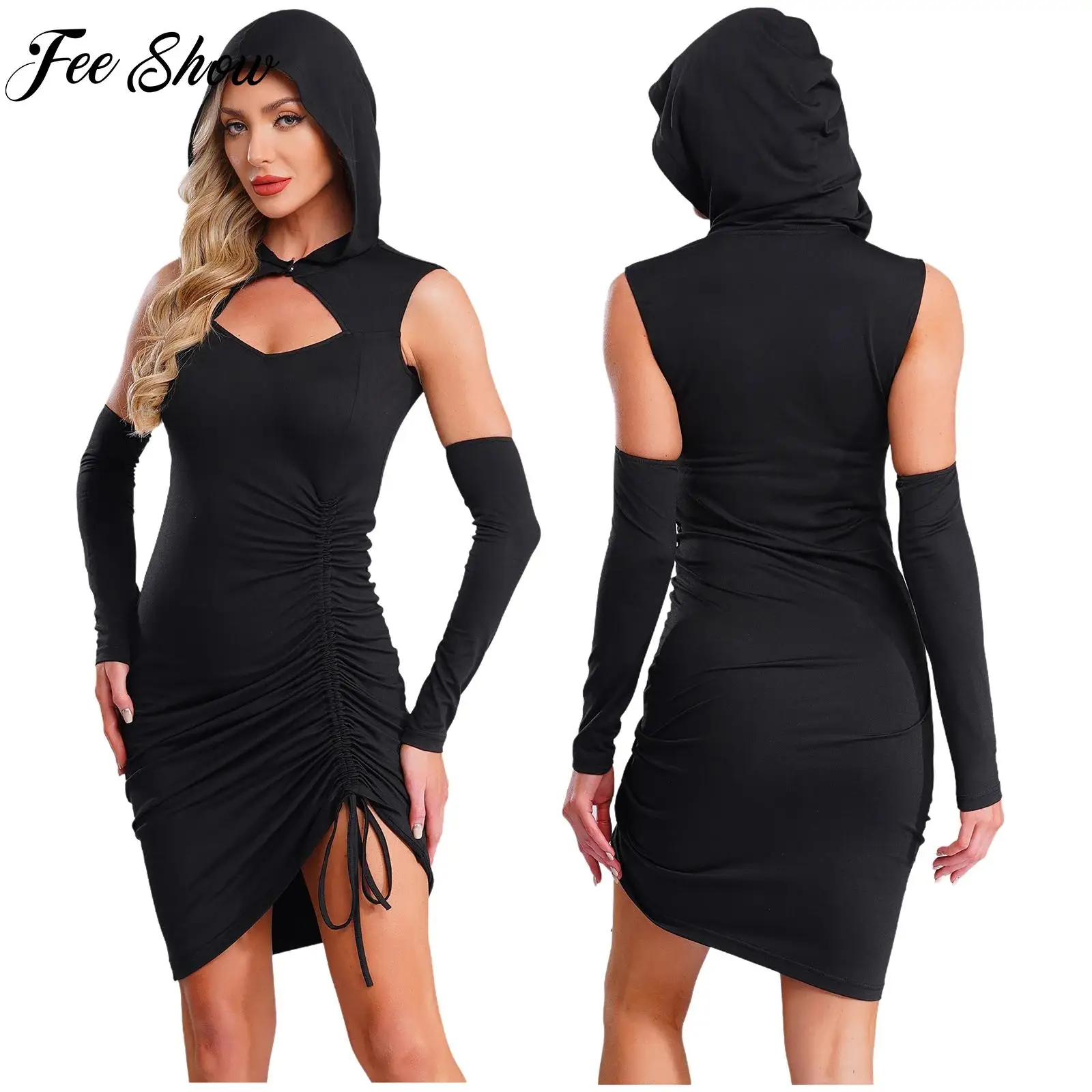 

Womens Gothic Hoodie Vintage Medieval Steampunk Clothes Sleeveless Dress with Oversleeves for Halloween Carnival Cosplay Party