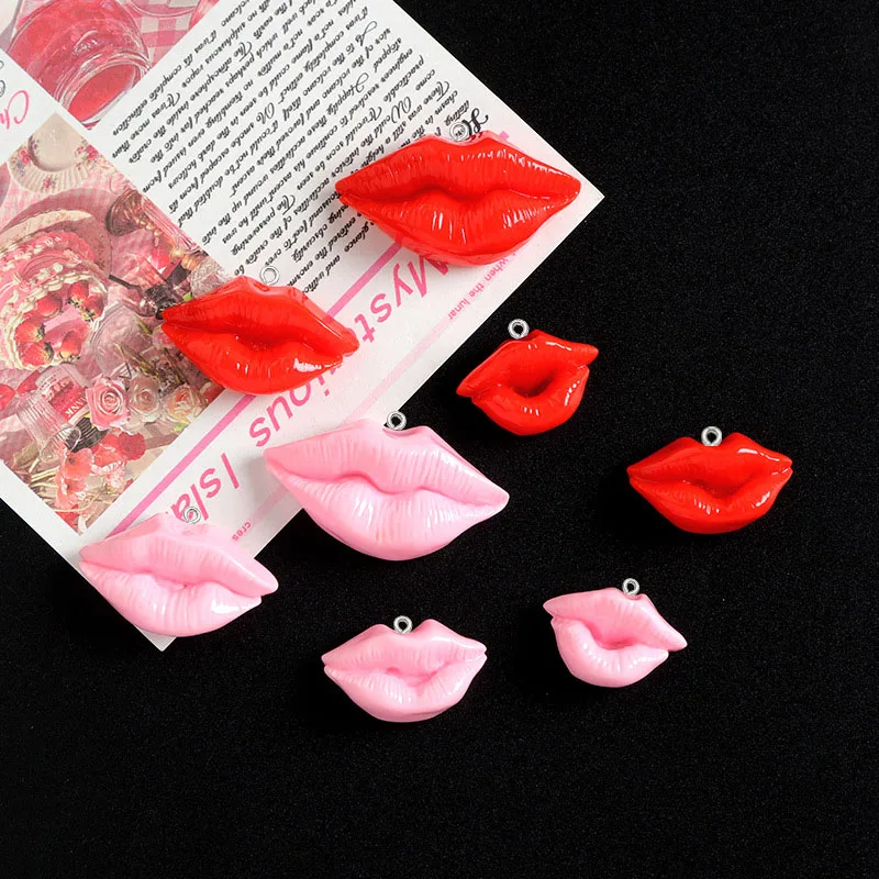 10PC Simulated red lip resin pendant diy handmade Jewelry accessories pendant making for Necklace keychain Phone case decoration
