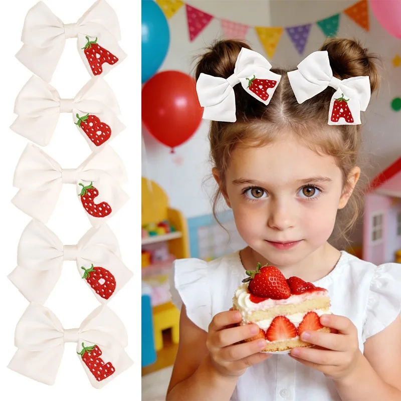 36pc Strawberry Letter Embroidery Bow Hair Clips 3.8 Inch Letter Hairpins Barrettes Headwear Baby Girls Kids Hair Accessories