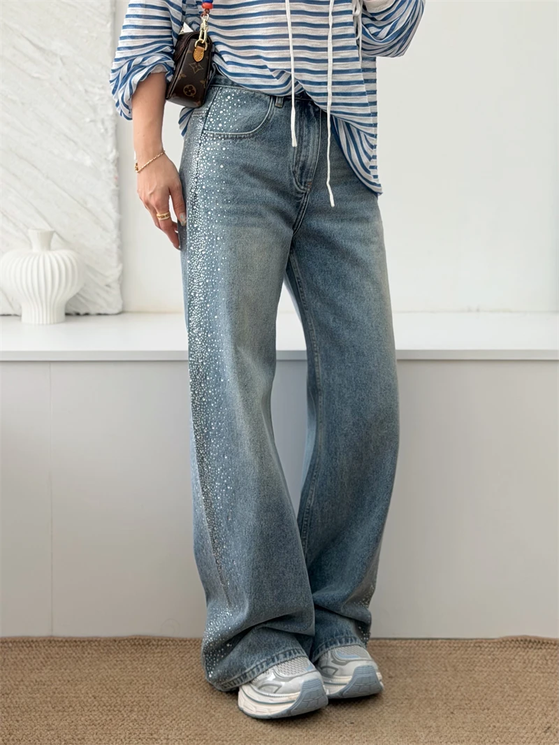

Heavy Duty Washed Shiny Rhinestone Tianlian Women's Jeans High Waist Loose Wide Leg Long Pants Spring Season Fashion Ladies