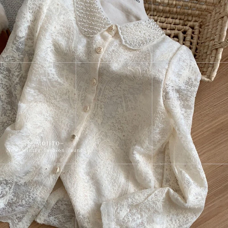 

Женская тяжелая рубашка с украшением из бисера, белая весенне-осенняя элегантная прозрачная блузка с длинным рукавом, шикарный жаккардовый офисный женский топ