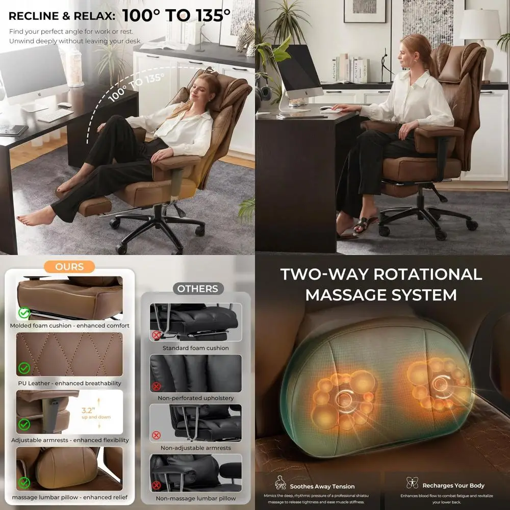 

Luxury Ergonomic Office Chair with Massage, Wide Seat, Adjustable Armrests, and Footrest - Brown