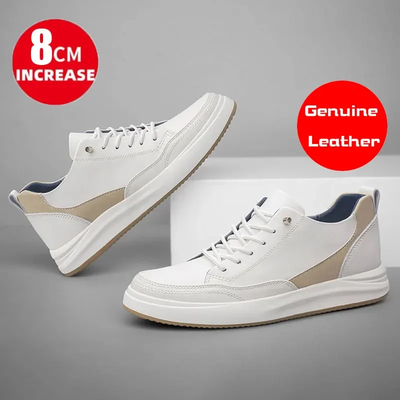 Sneakers genuine leather lift sports shoes for men heightening shoes breathable insoles 6/8 cm high quality shoes men's casual