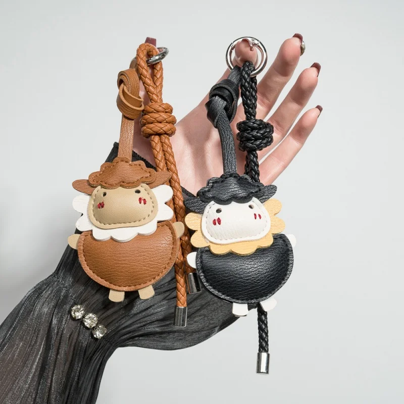PU Leather Animal Sheep Goat Woven Hand Rope Key Keychain Charm Purse Handbag Pendent Ornament Car Party Birthday Gift Keyring