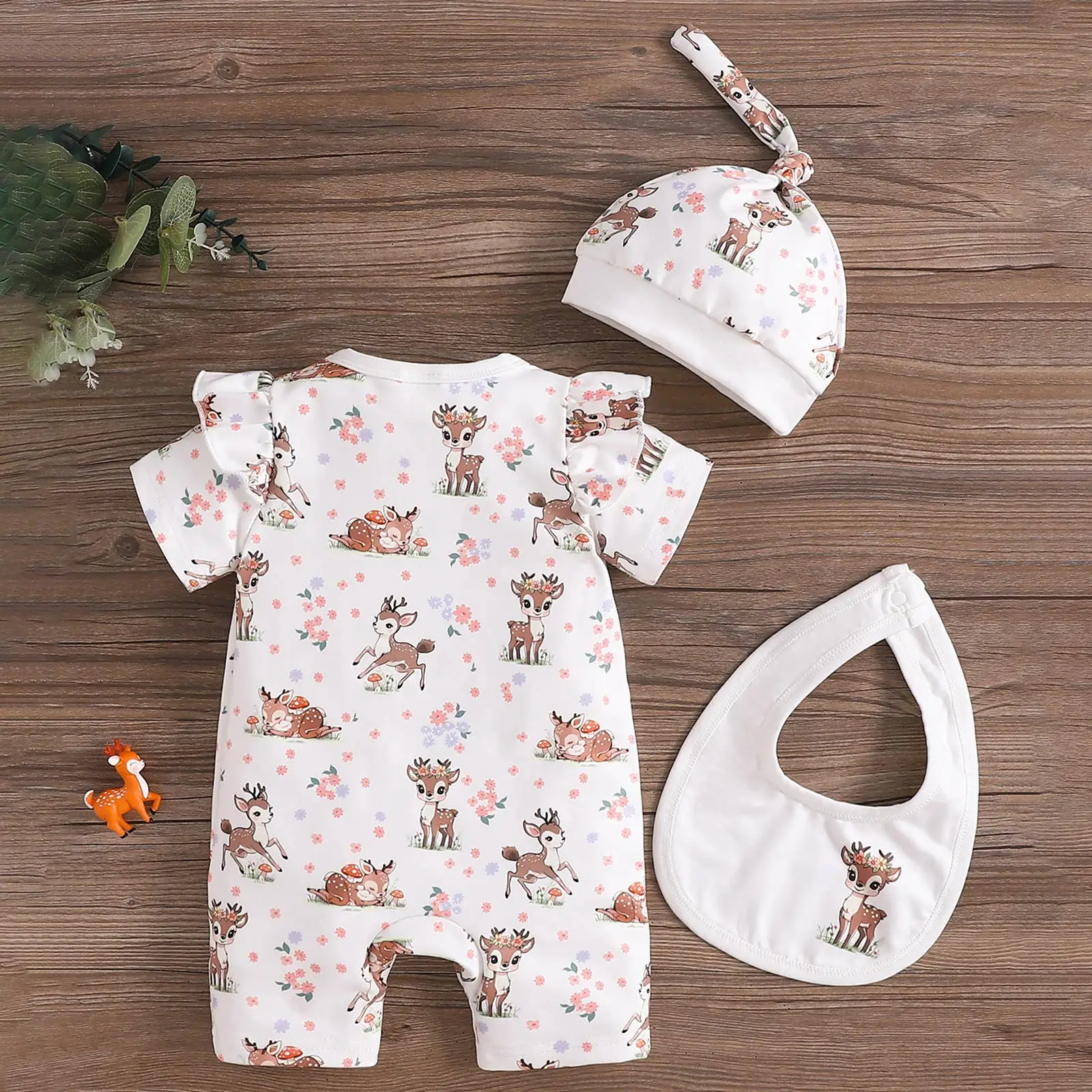 Piyama Bayi Perempuan 3-6 Bulan Baju Monyet Bayi Perempuan dengan Gambar Rusa Lucu Topi Baju Monyet Lengan Pendek Pakaian Musim Dingin Junior Anak Perempuan Remaja