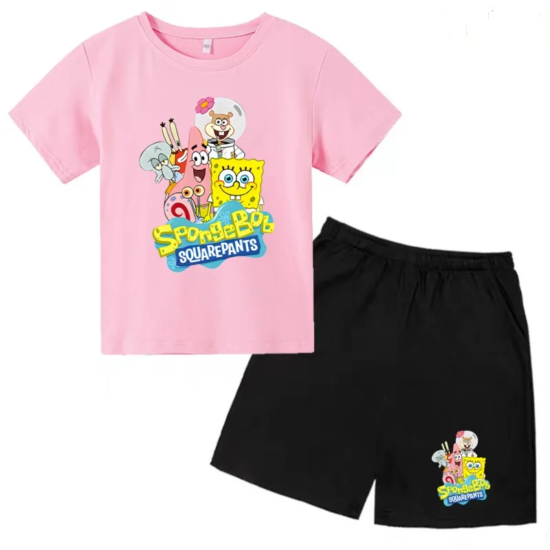 

Children T-shirt 3-12Yrs Summer Short-sleeved Cartoon SpongeBob Clothes Boy Girl Fashion Toddler Top+Shorts Two-piece Casual Set