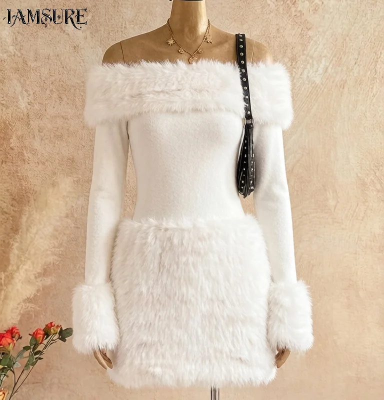 

Элегантное белое платье с открытыми плечами и вставками из искусственного меха, женское, приталенное, с длинными рукавами, мини-платье для вечеринок, осень-весна, для женщин.