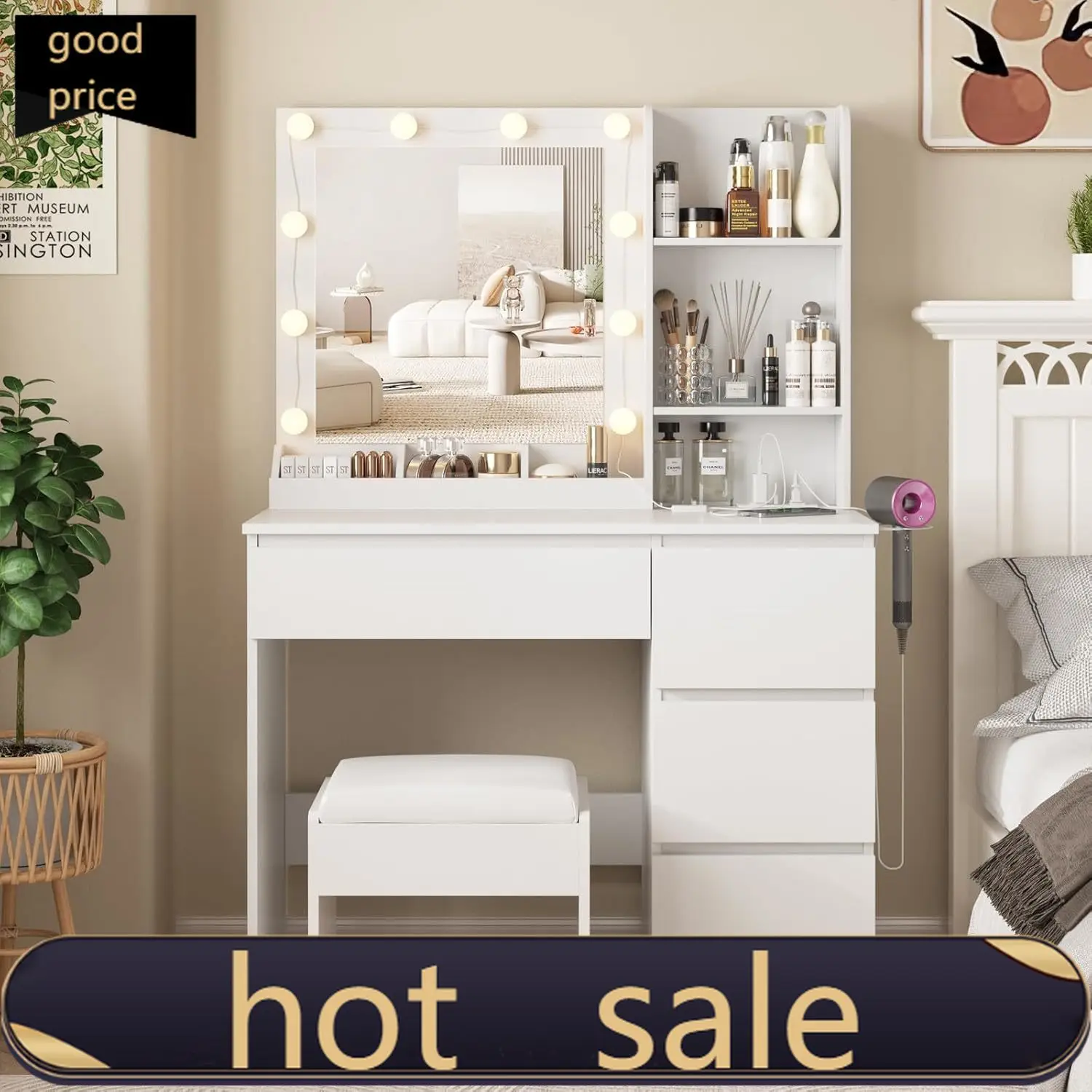 Vabches Vanity, Makeup Vanity Desk Set with Mirror & Light, Dressing Table Storage Lots with Power Strip, 3 Lighting Modes with