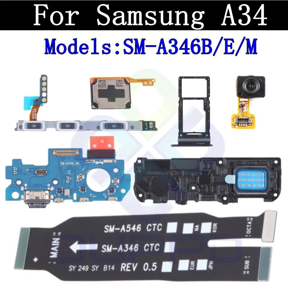 Top Ear Loud Speaker SIM Card Charging Port Board For Samsung A34 A346 Fingerprint Sensor Signal Off On Motherboard Flex Cable