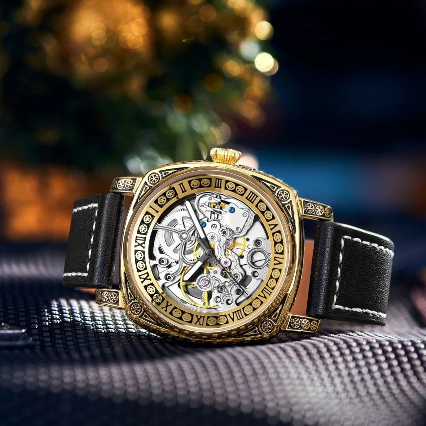 Men's Luxury Skeleton Mechanical Watch Creative Engraved Industrial Style Vintage Gothic Leather Watch for Men Gift 2026