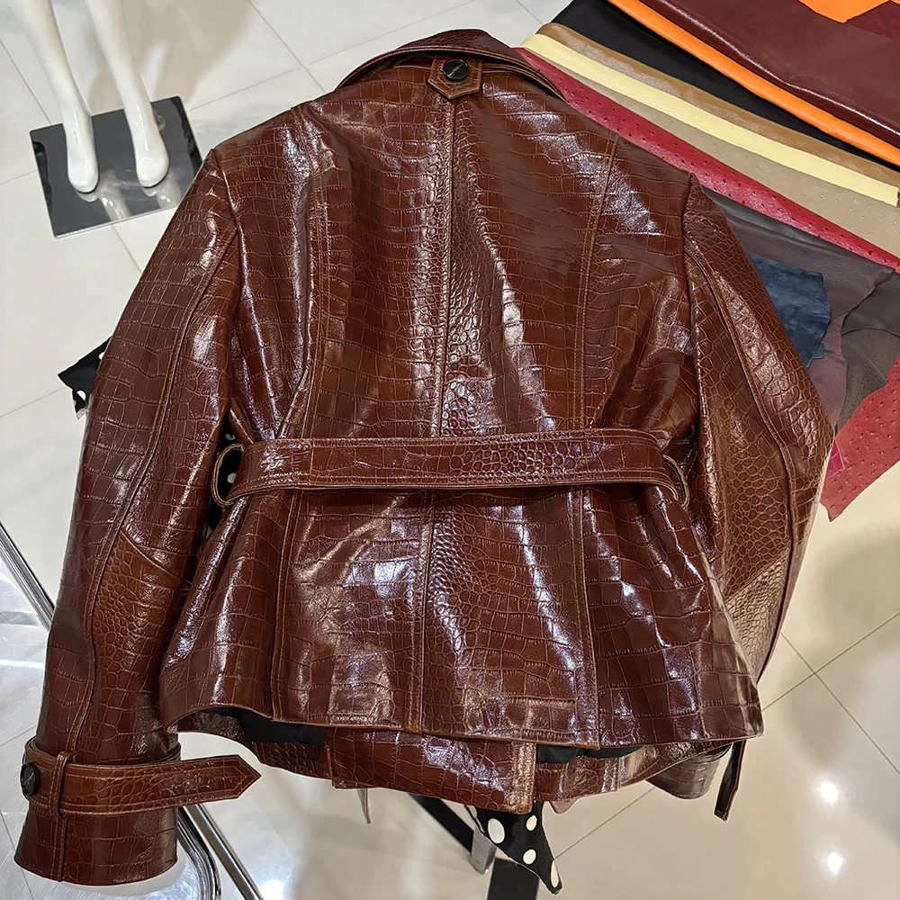 YOLOAgain Double Breasted Croc Pattern Leather Jacket Women 2026 Autumn New Genuine Leather Jacket Ladies