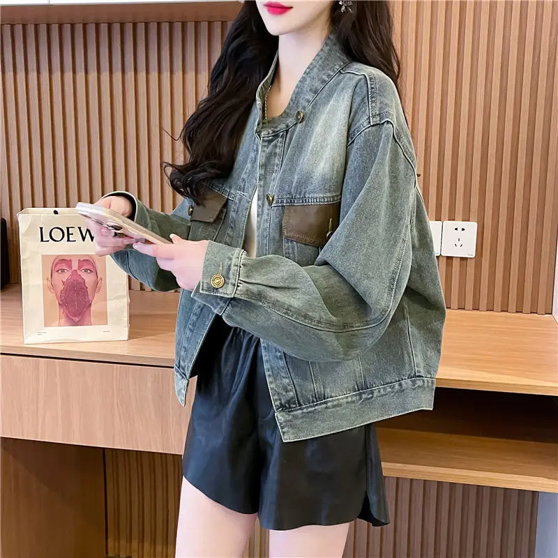 

Women Denim Jacket Crop Small Short Long Sleeve Patchwork Cowboy Coat Woman Outdoor Clothing Novelties Chic and Elegant