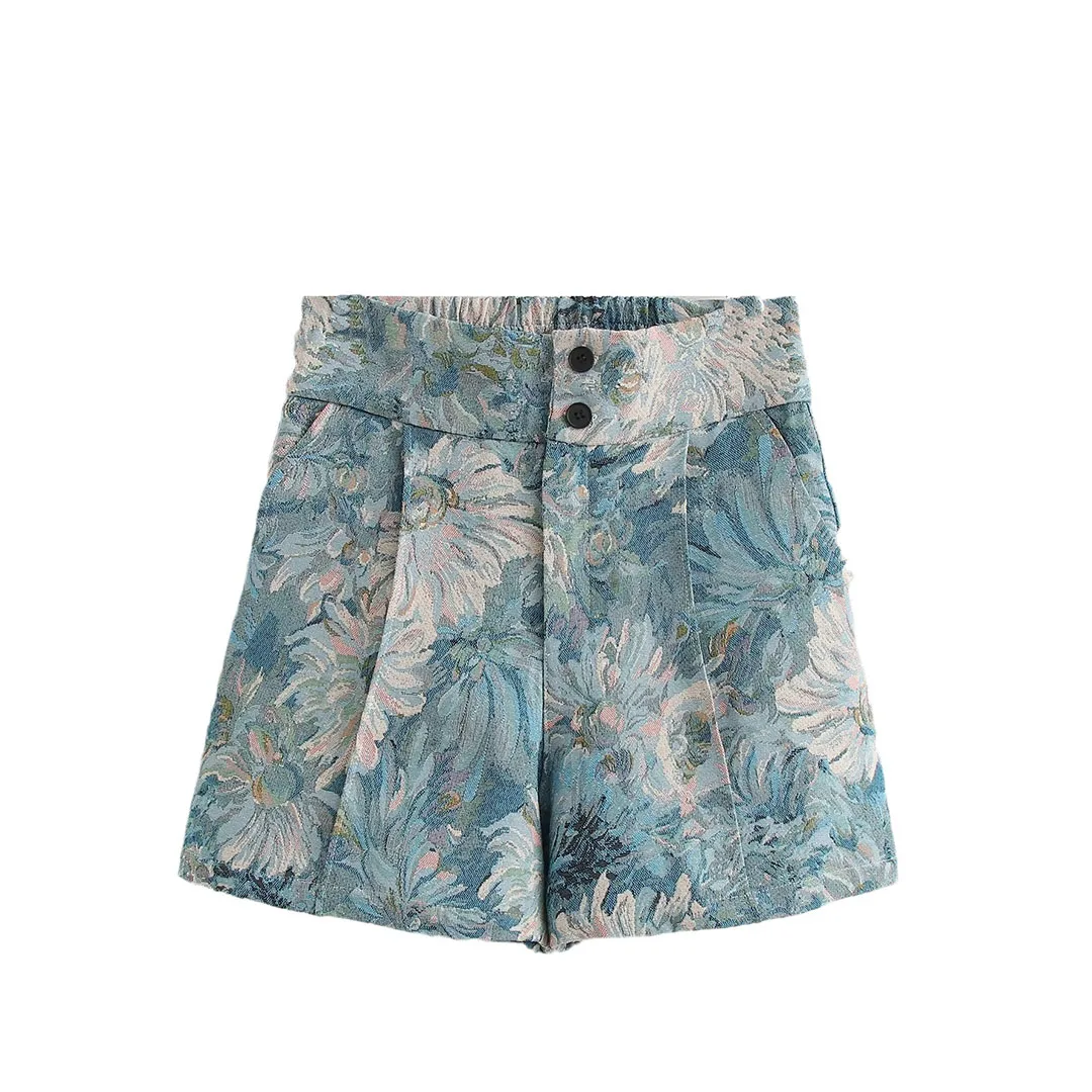 

European Style Fashion Jacquard High Waisted Shorts For Women Summer Elastic Waist Versatile Shorts Casual Beach Short Pants