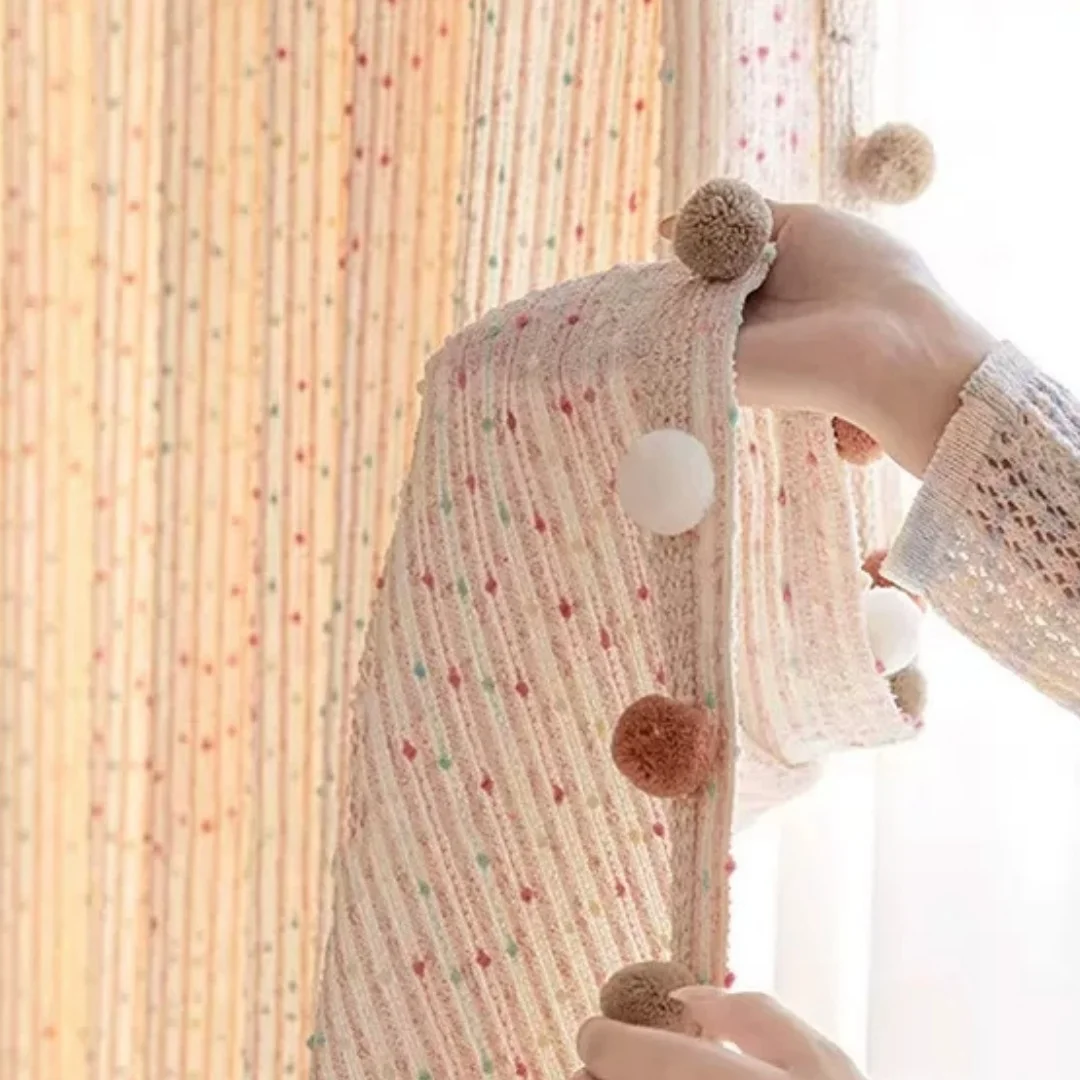 French cream wind striped curtains New chenille dopamine pink peas Princess wind simple curtains for children and girls.
