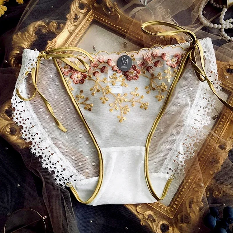 Koronkowa bielizna w stylu vintage Seksowne majtki damskie Kwiatowy wzór Bezszwowe figi Majtki z niskim stanem Oddychające majtki z siateczki