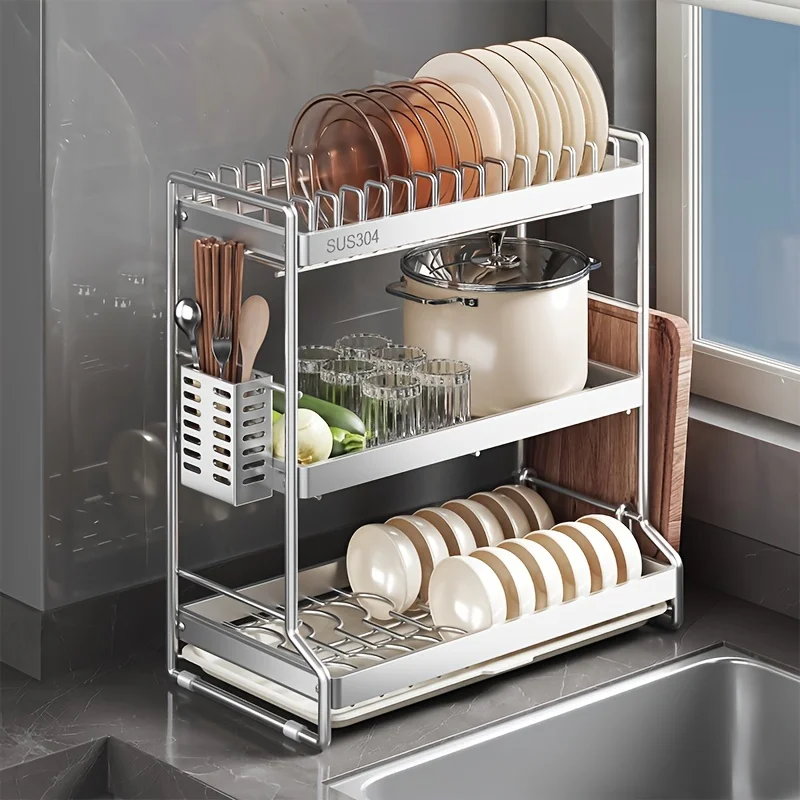 

304 Stainless Steel Kitchen Countertop Dish Drying Rack, 2-Tier And 3-Tier Cabinet Countertop Dish Storage Rack, Multifunctional