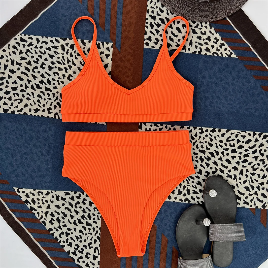 Neuer, gerippter, gepolsterter Bikini mit hoher Taille in 4 Farben, Damen-Badeanzug, zweiteiliges Bikini-Set, Badebekleidung, Badeanzug, Modell V3768. – Detail 25