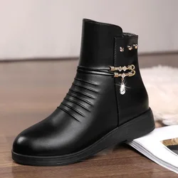 Comemore Padded Flat Ladies Leather Shoe Warm Elderly Women's Shoes Soft Bottom Short Boot 2024 Women Autumn Winter Cotton Boots