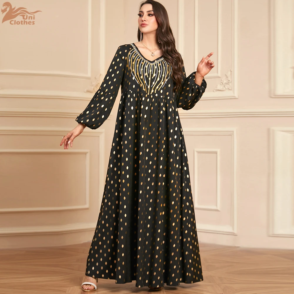 Uni Embroidered Gold Stamping Abaya Abayas For Women Robe Femme Longue Musulman Caftan Marocain Dubai Turkey Islam Arabic
