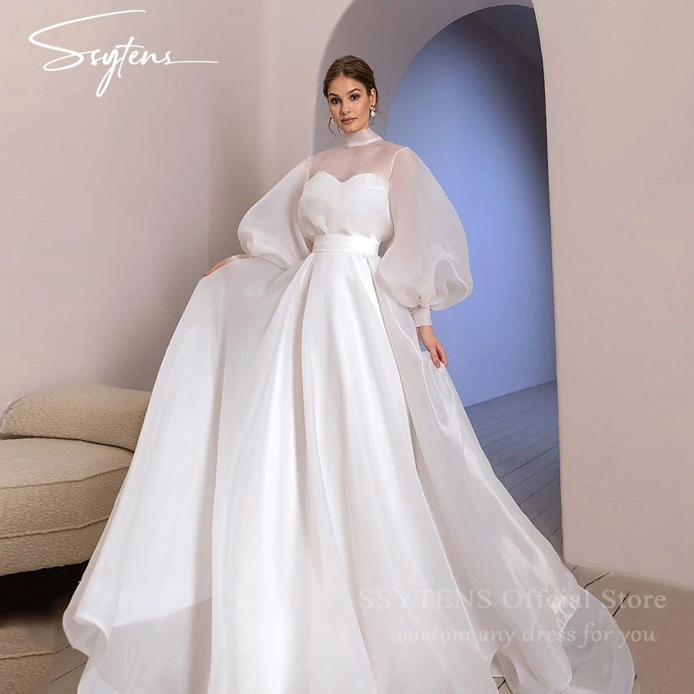 

Elegant High Neck Organza Wedding Dresses for Women Long Puff Sleeve Princess Bride Gown Simple Vestido De Novia 2026 Customized