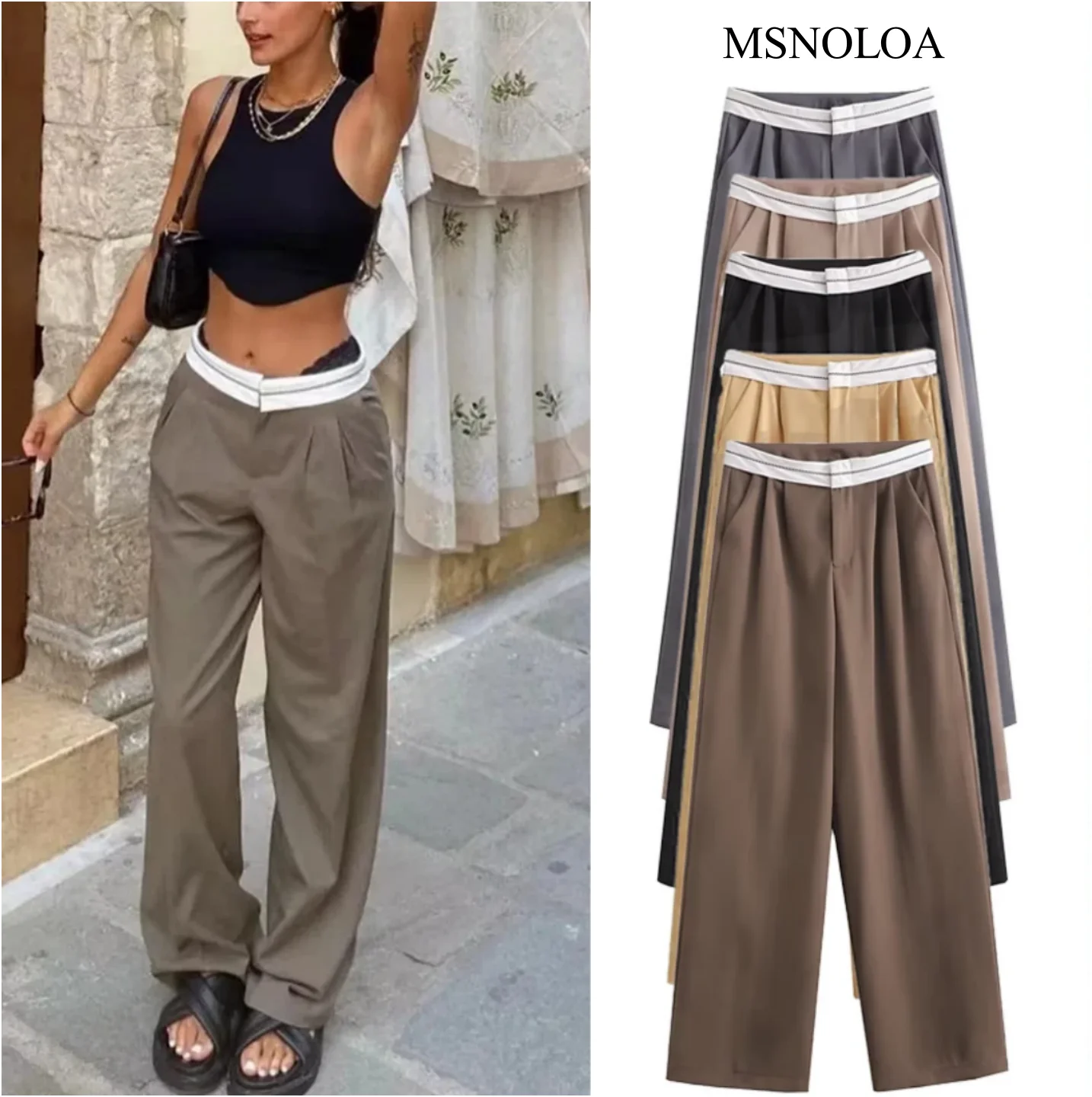 

MSNOLOA 2024Fashion Side Pocket Patchwork Straight Pants Pleated Women's Casual Pants Vintage High Waist Zipper Trousers