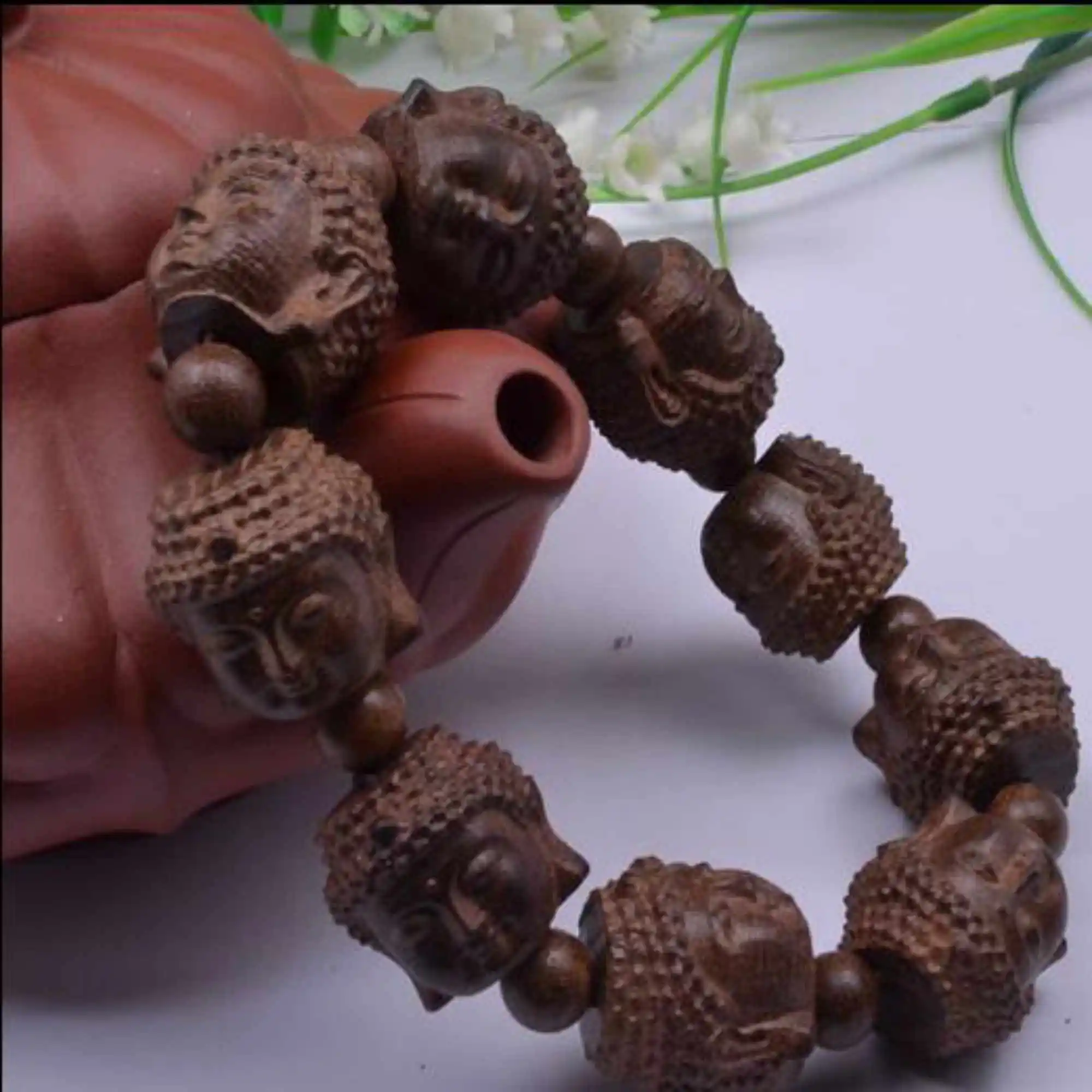 Fragrant Agar wood Carved Gautama Buddha Head Buddhist Mala Bracelet Semi-Precious Stones Wrap Ethnic Wear Prayer