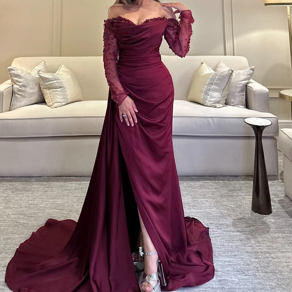 

Customized Exquisite Front Slit Pleats Crystal Evening Dresses Luxury A-Line Sweetheart Off the Shoulder Burgundy Party Gowns