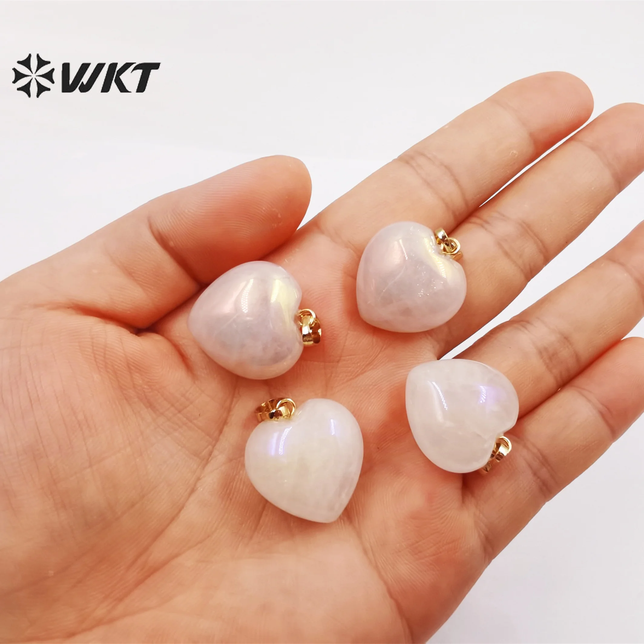 WT-P1825 WKT Newest Fashion Simple Heart Pattern Aura Stone Pendant With Gold Loop Crystal Quartz For Women Necklace Making