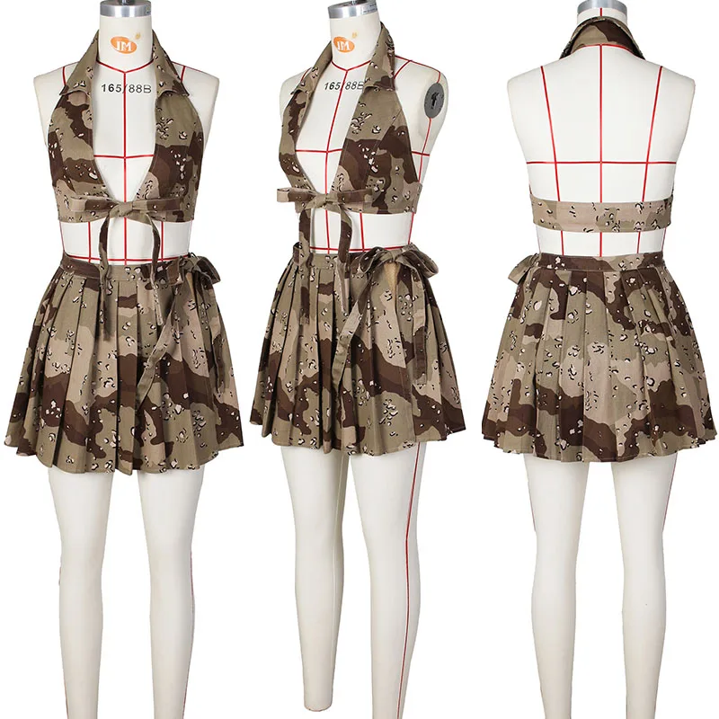 Camouflage Festival Outfit Women Two Piece Skirt Sets Clubwear Backless Halter Crop Tops and Pleated Mini Skirts Matching Sets